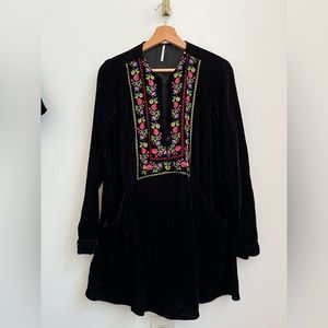 Free People Black Velvet Dress with Embroidered Collar and Pockets